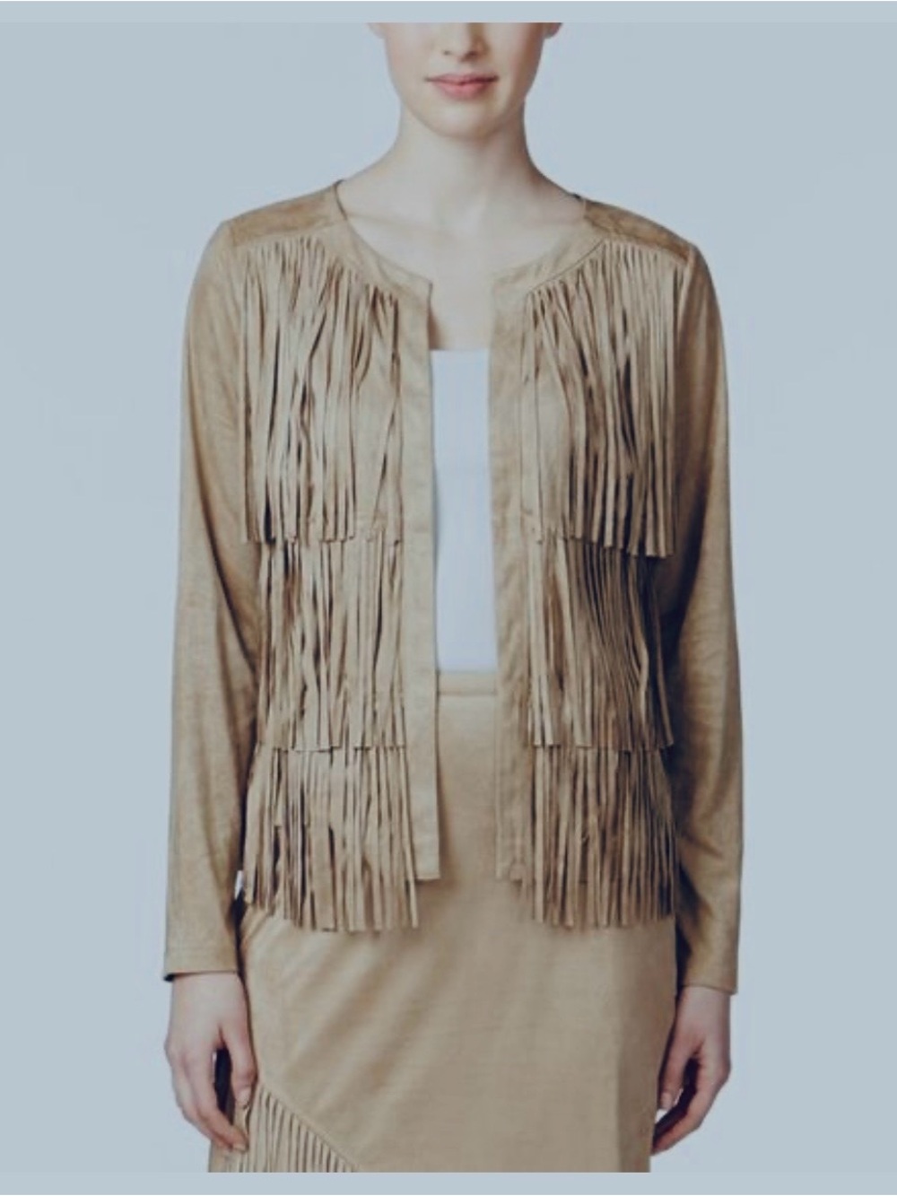 Fun Fringe Faux Suede Open Front Jacket in Tan